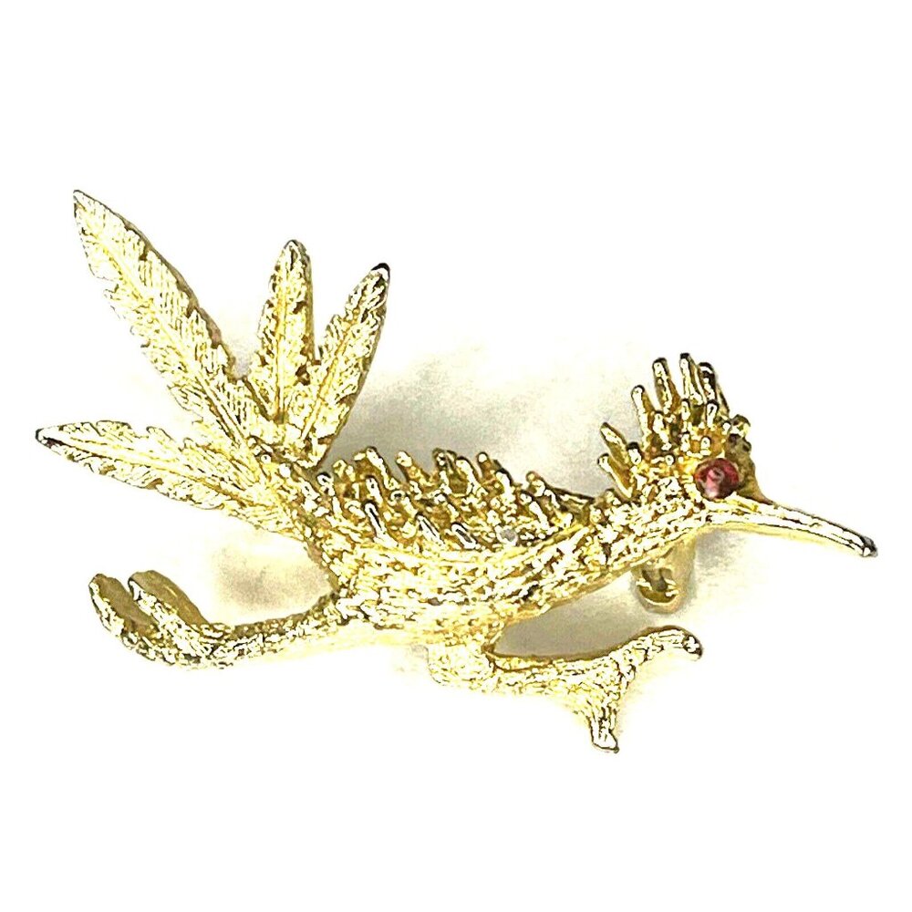 Vintage Road Runner Gold Tone  Red Rhinestone Eye Brooch